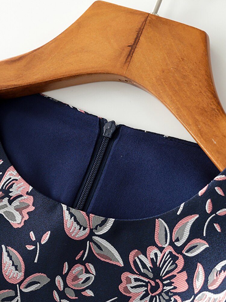 Women's Vintage Elegant Blue Printed O-neck A-line Bohemian Winter Slim Dress