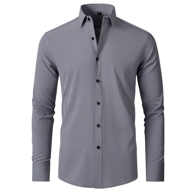 Men's elastic force non-iron long-sleeved business casual mercerized vertical shirt (9 Colors)