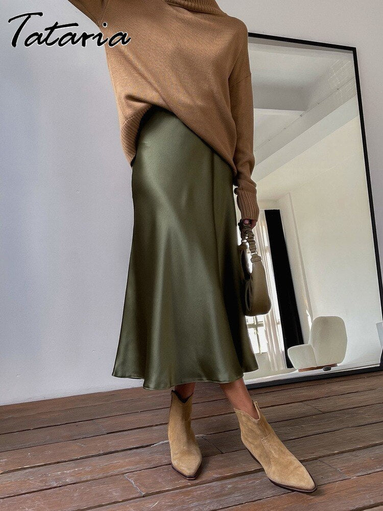 Women's High Waisted Silk Satin A-Line Elegant Midi Skirts (10 Colors)