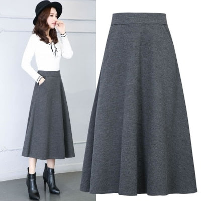 Womens Mid/Long High Waist Basic Wool Elastic A-Line Maxi Skirts (12 Colors)
