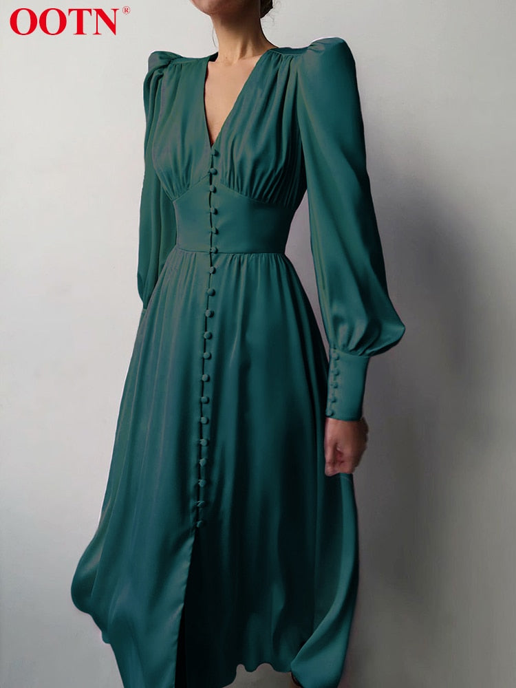 Women's Single Breasted Elegant Party/Evening Robe High Waist Satin Long Dress (9 Colors)