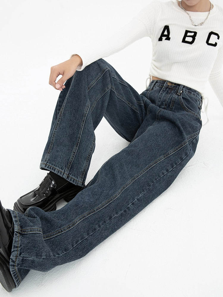 Women's High Waist Vintage Straight Baggy Streetwear Wide Leg Denim Pants (2 Colors)