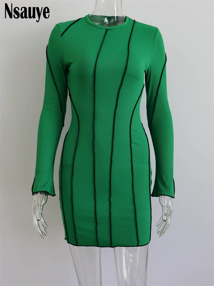 Women's Club Ribber Knitted Mini O Neck Long Sleeve Bodycon Dress (7 Colors)