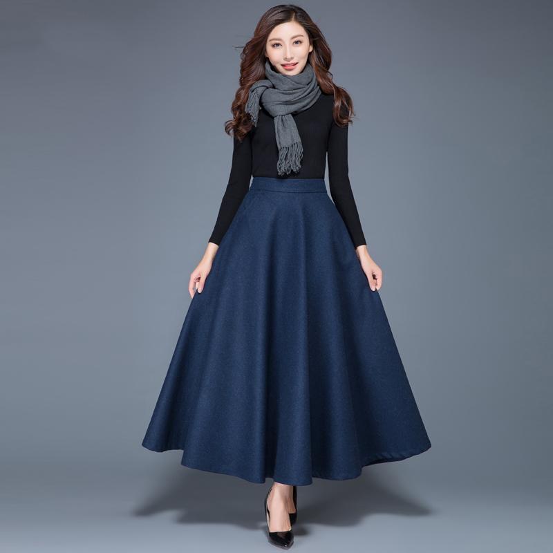 Womens Mid/Long High Waist Basic Wool Elastic A-Line Maxi Skirts (12 Colors)