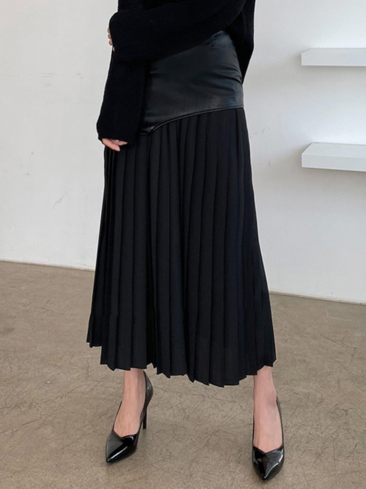 Women's Casual PU Patchwork High Waist Midi Fold Pleated Skirts (2 Colors)