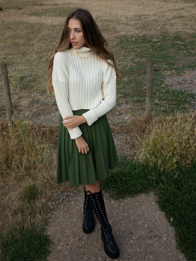 2024 Women Knitted Pleated Skirts Fashion High Waist Knit Dress Solid Color Female Classic Skirt