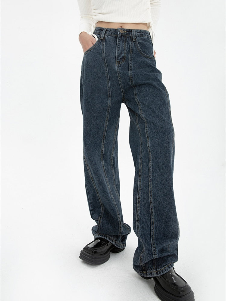 Women's High Waist Vintage Straight Baggy Streetwear Wide Leg Denim Pants (2 Colors)