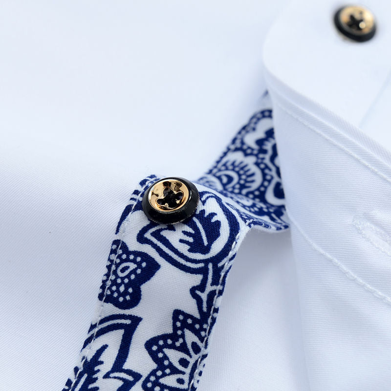 Men's Blue-and-white Porcelain Collar Business Casual Solid Color Shirts (6 Styles)