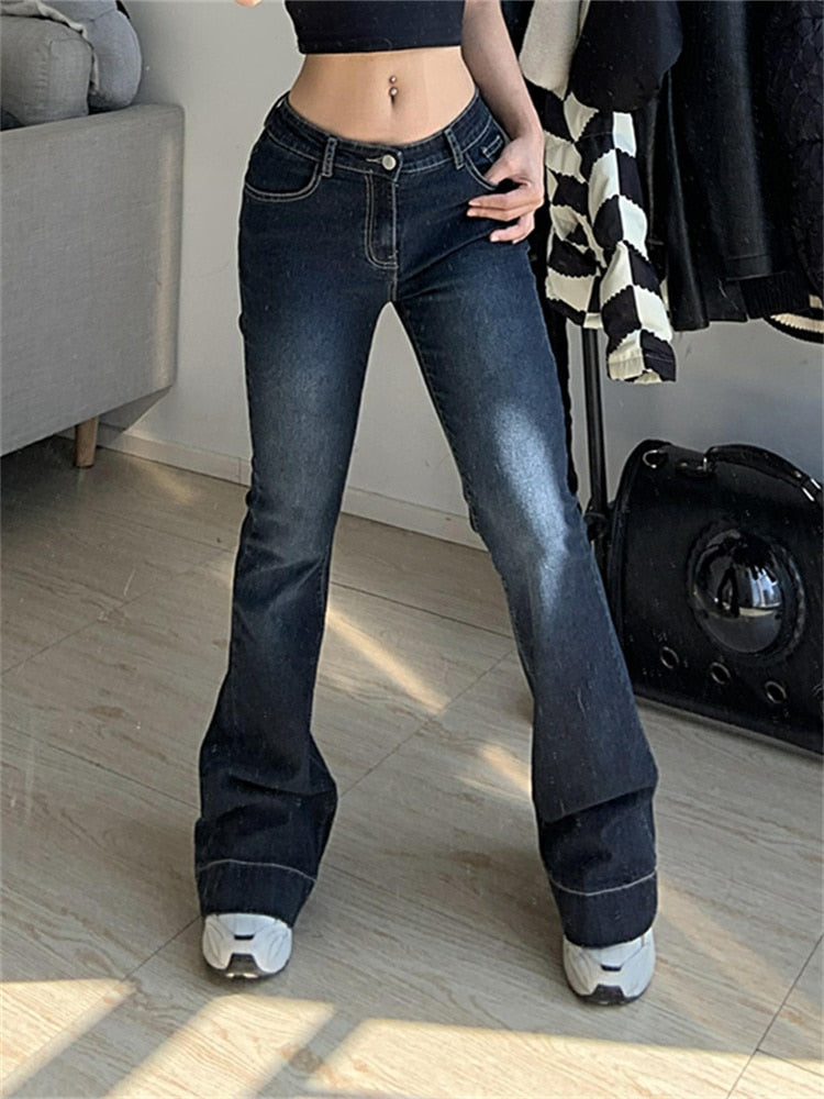 Women's Low Waisted Y2K Aesthetic Retro Flare Fashion Jeans