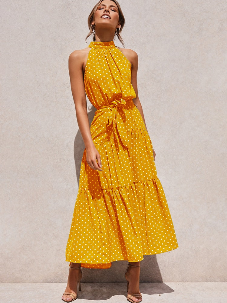 Women's Sexy Halter Polka Dot Strapless Sleeveless Long Dress (12 Colors / Styles)