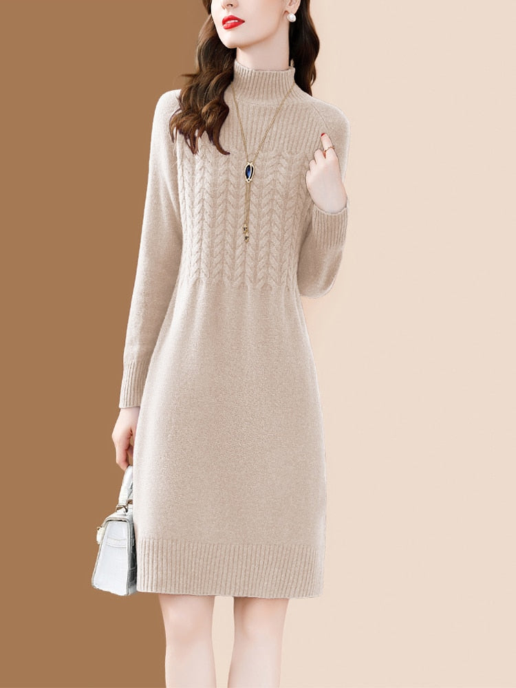 Women's 100% Merino Wool Knit High Collar Slim Purple Elegant Dress (3 Colors)