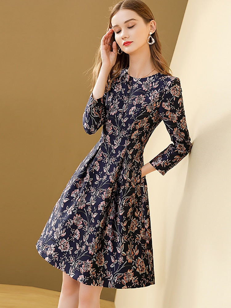 Women's Vintage Elegant Blue Printed O-neck A-line Bohemian Winter Slim Dress