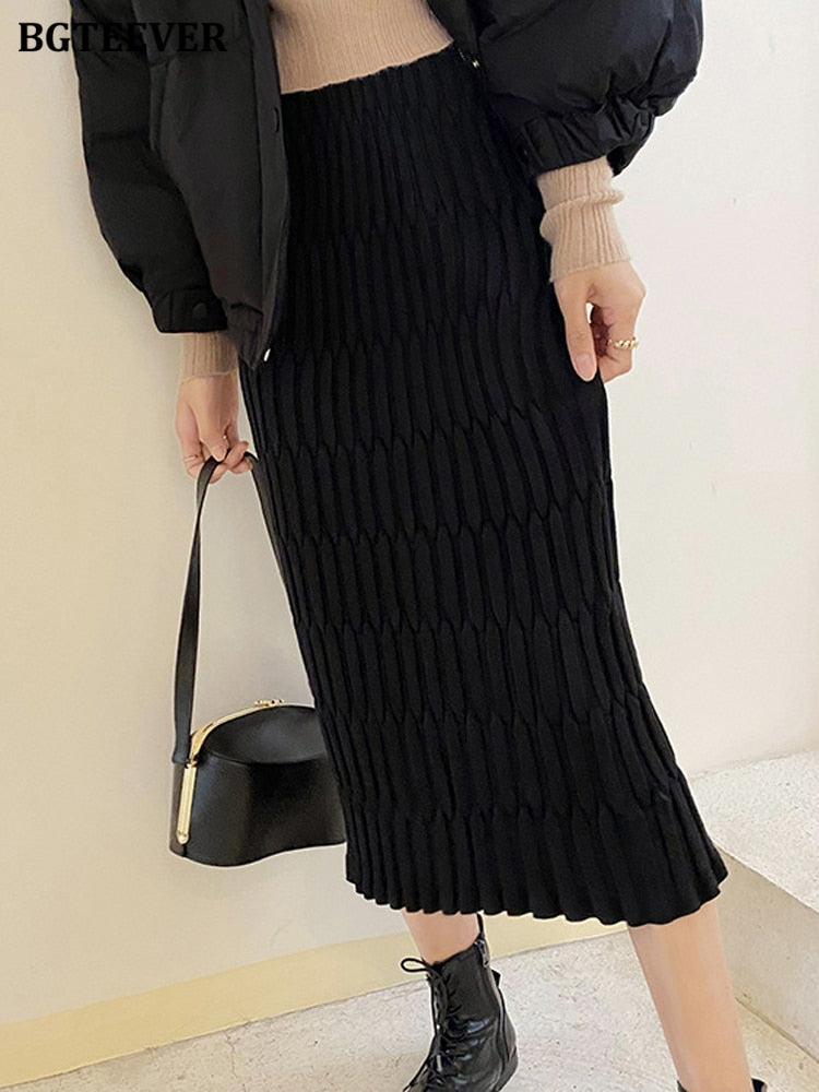Women's Elegant High Waist Knitted Slim Fit Zipper Mid-Calf Skirt - One Size (4 Colors)