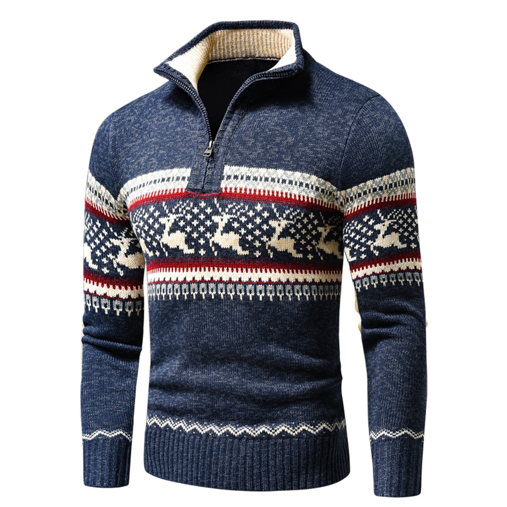 Men Autumn New Casual Jacquard Christmas Pattern Zip Sweater Cardigan Jacket Men Winter Long Sleeve Mock Neck Sweater Pullover