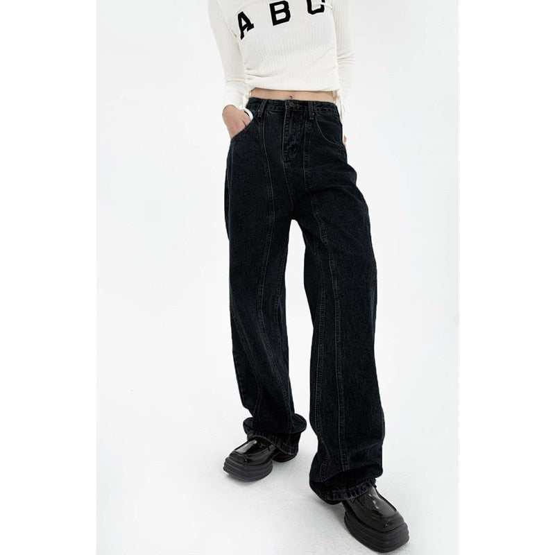 Women's High Waist Vintage Straight Baggy Streetwear Wide Leg Denim Pants (2 Colors)
