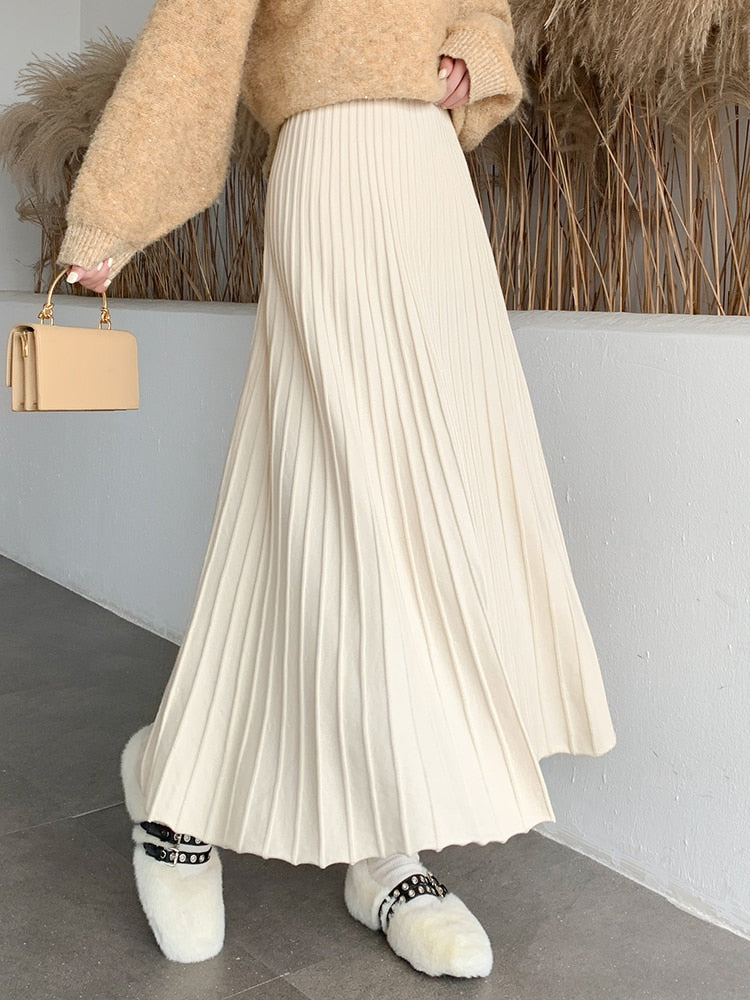Women's Solid Thick Warm Knitted Long Maxi Ankle Length Skirt - One Size (5 Colors)