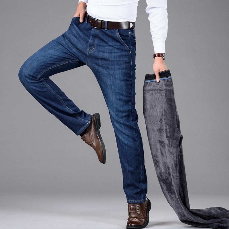 Men's Classic Style Business Stretch Cotton With fleece Lining Jeans (2 Colors)
