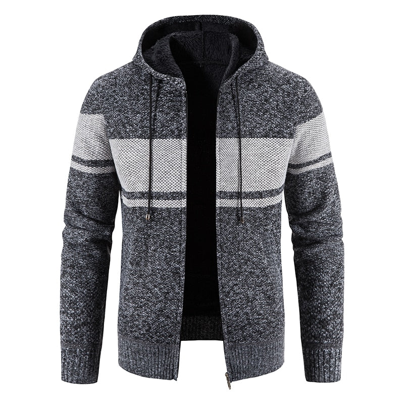 New Winter Fleece Men Sweater Cardigan Hooded Knitted Print Sweatercoat Mens Casual Warm Cardigan Zipper Hooded Cardigan Men