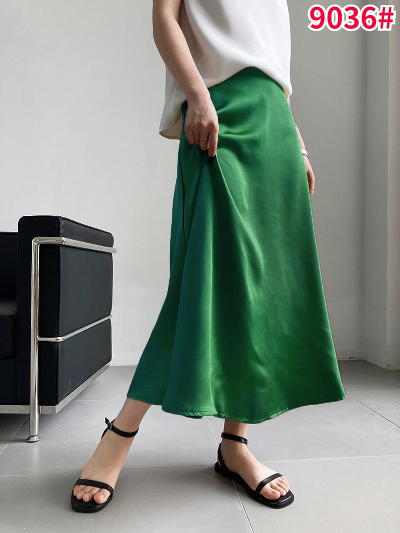 Women's High Waisted Silk Satin A-Line Elegant Midi Skirts (10 Colors)