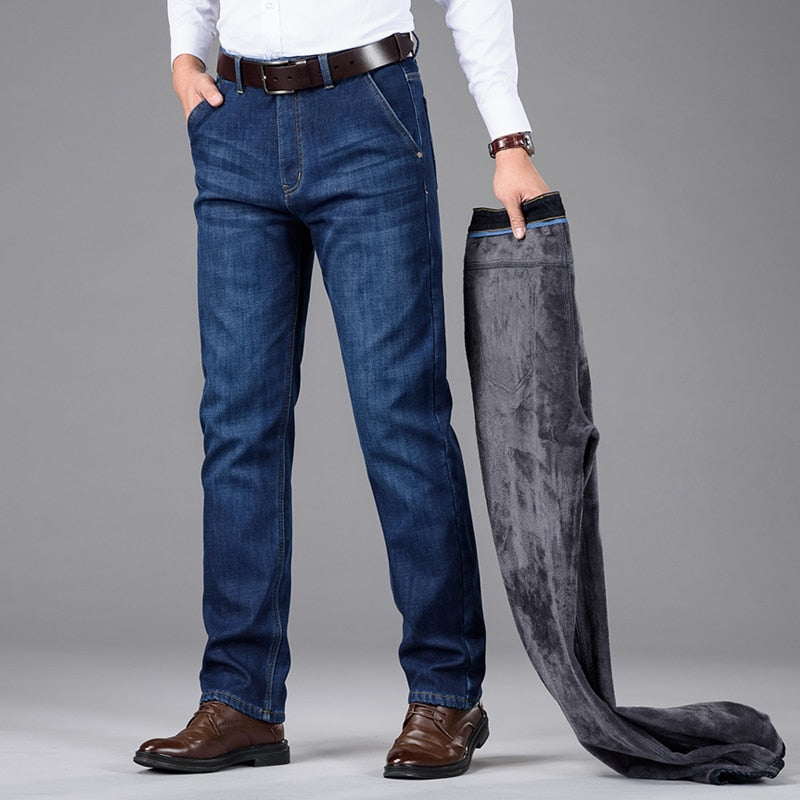 Men's Classic Style Business Stretch Cotton With fleece Lining Jeans (2 Colors)
