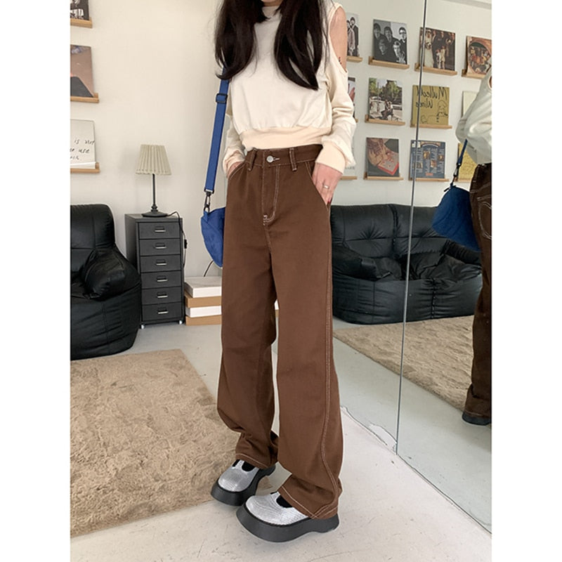 Women's High Waist Straight Baggy Heart Pattern Design Fashion Wide Leg Denim