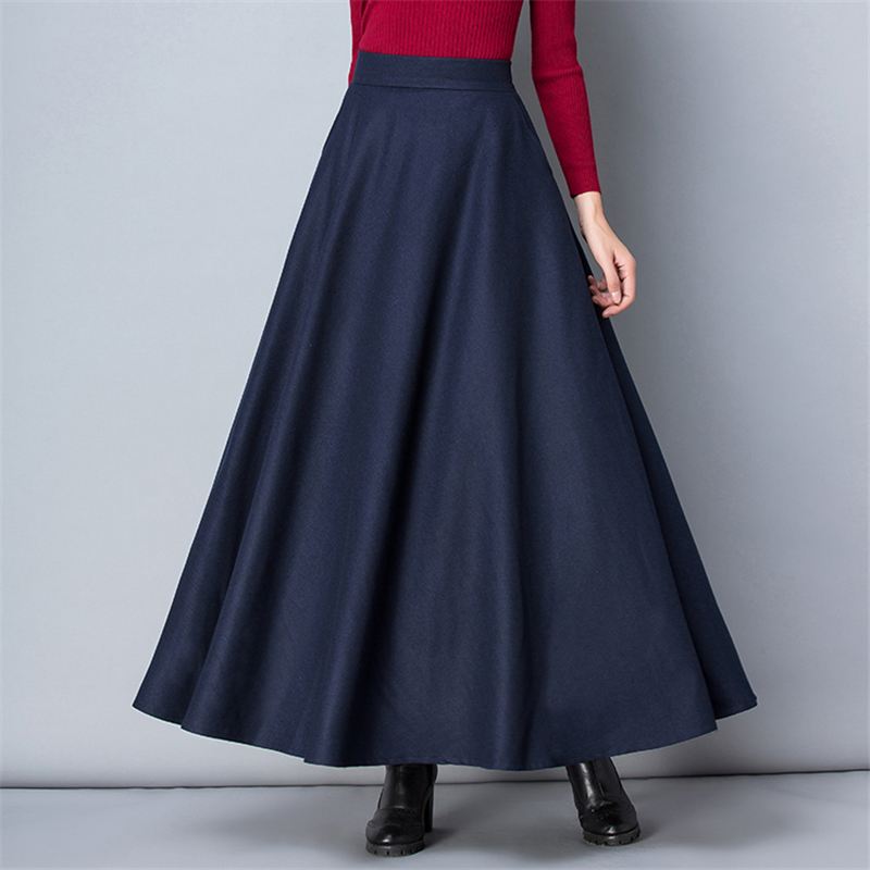 Womens Mid/Long High Waist Basic Wool Elastic A-Line Maxi Skirts (12 Colors)