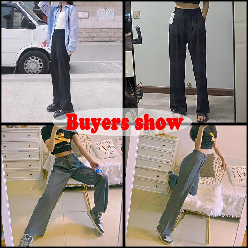 Women's Wide Leg Loose High Waist Korean Style Solid Office Straight Pants (2 Colors)
