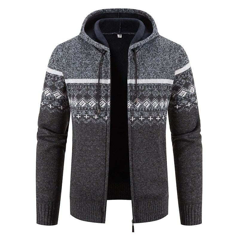 New Winter Fleece Men Sweater Cardigan Hooded Knitted Print Sweatercoat Mens Casual Warm Cardigan Zipper Hooded Cardigan Men