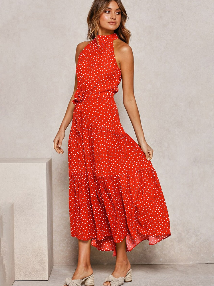 Women's Sexy Halter Polka Dot Strapless Sleeveless Long Dress  (12 Colors / Styles)