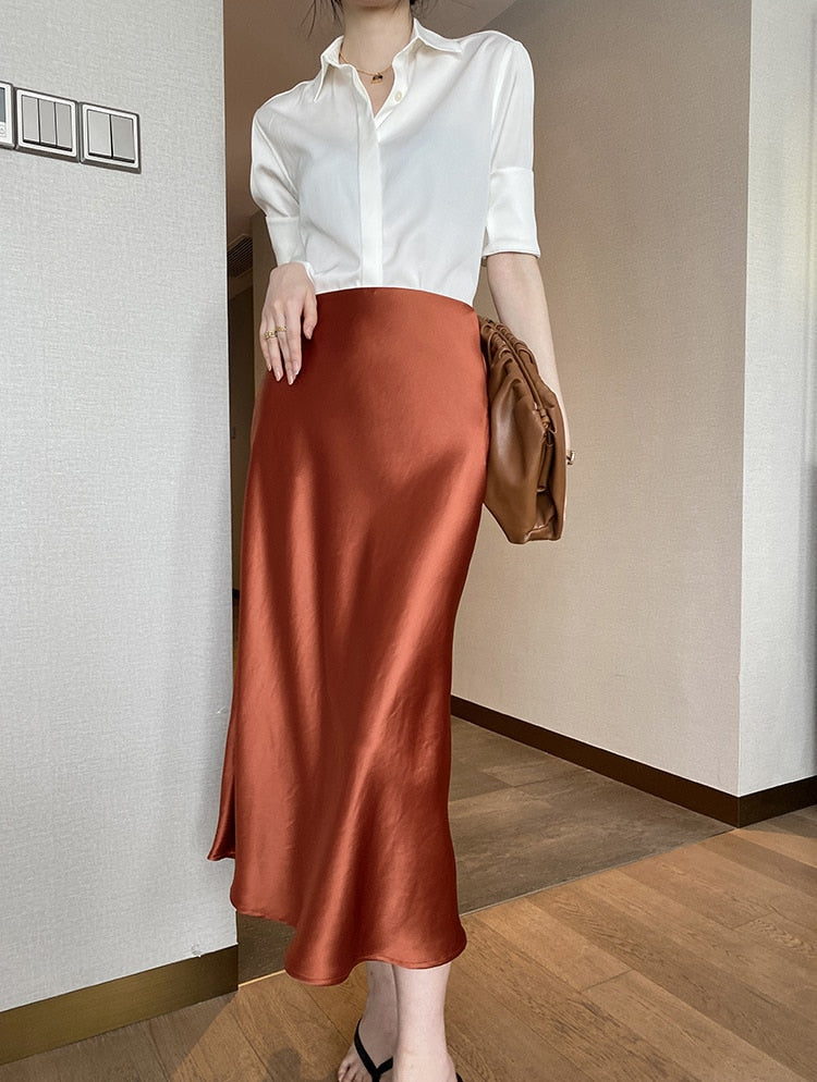 Women's High Waisted Silk Satin A-Line Elegant Midi Skirts (10 Colors)