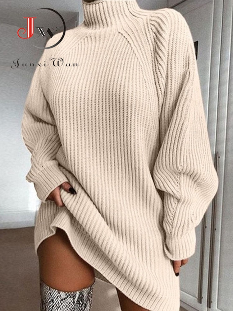Women Turtleneck Oversized Solid Long Sleeve Knitted Mini Sweater Dress (5 Colors)