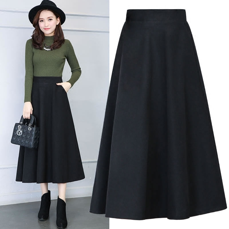 Womens Mid/Long High Waist Basic Wool Elastic A-Line Maxi Skirts (12 Colors)