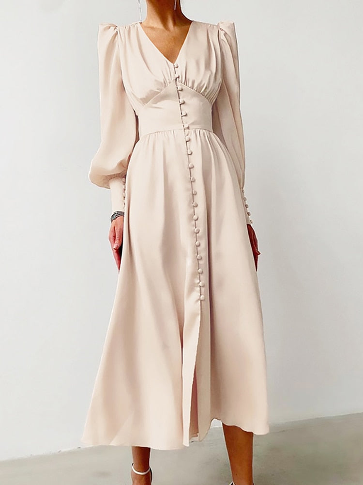 Women's Single Breasted Elegant Party/Evening Robe High Waist Satin Long Dress (9 Colors)