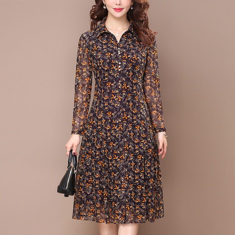 Women's Floral Print Long Sleeve Turndown Collar Casual Button Midi Dress (3 Colors)
