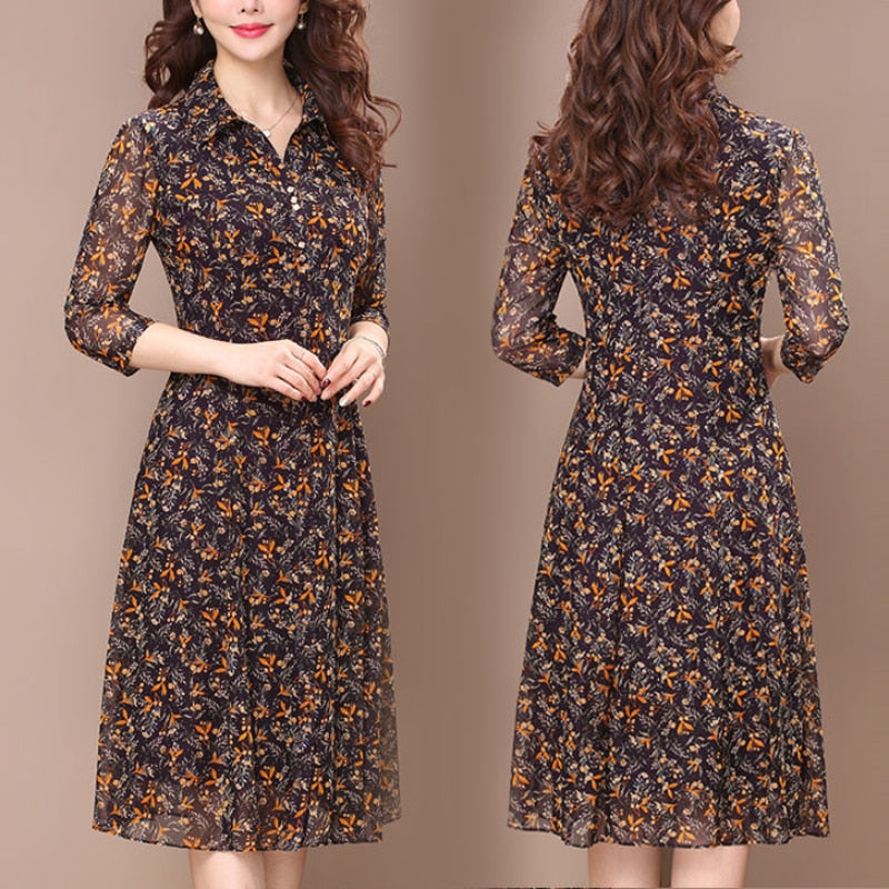 Women's Floral Print Long Sleeve Turndown Collar Casual Button Midi Dress (3 Colors)