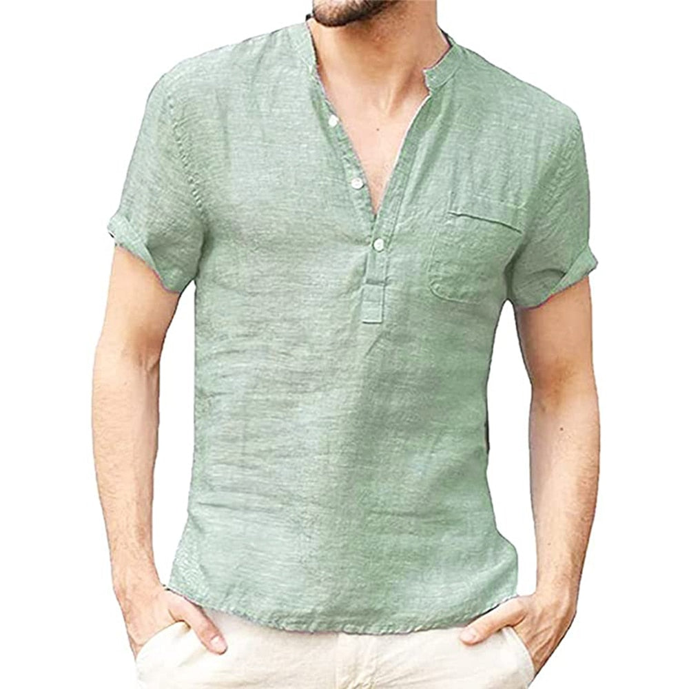 Men's Summer Short-Sleeved Breathable Cotton and Linen Shirt (7 Colors)