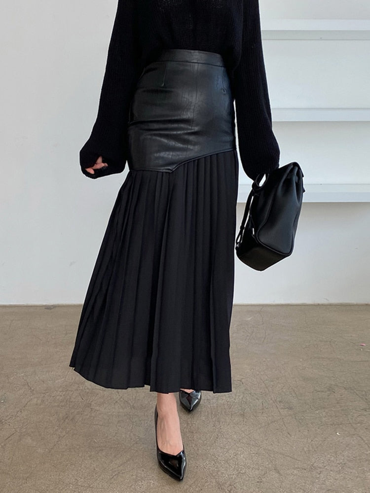 Women's Casual PU Patchwork High Waist Midi Fold Pleated Skirts (2 Colors)