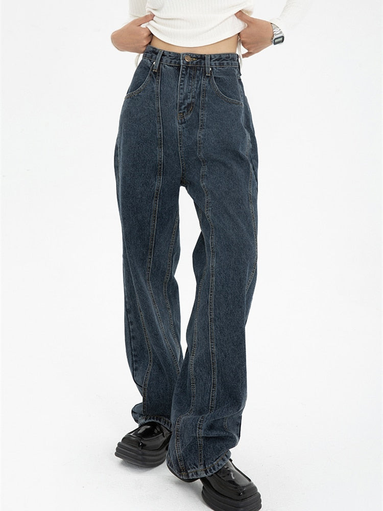Women's High Waist Vintage Straight Baggy Streetwear Wide Leg Denim Pants (2 Colors)