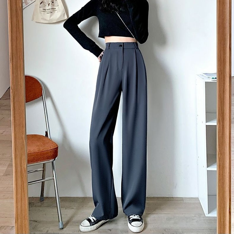 Women's Wide Leg Loose High Waist Korean Style Solid Office Straight Pants (2 Colors)