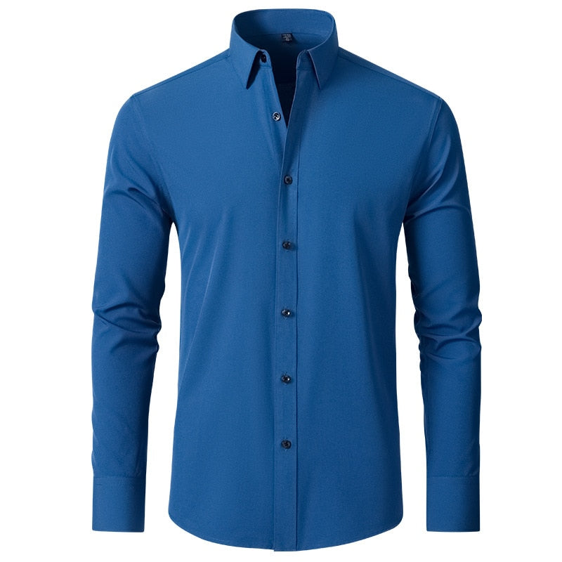 Men's elastic force non-iron long-sleeved business casual mercerized vertical shirt (9 Colors)