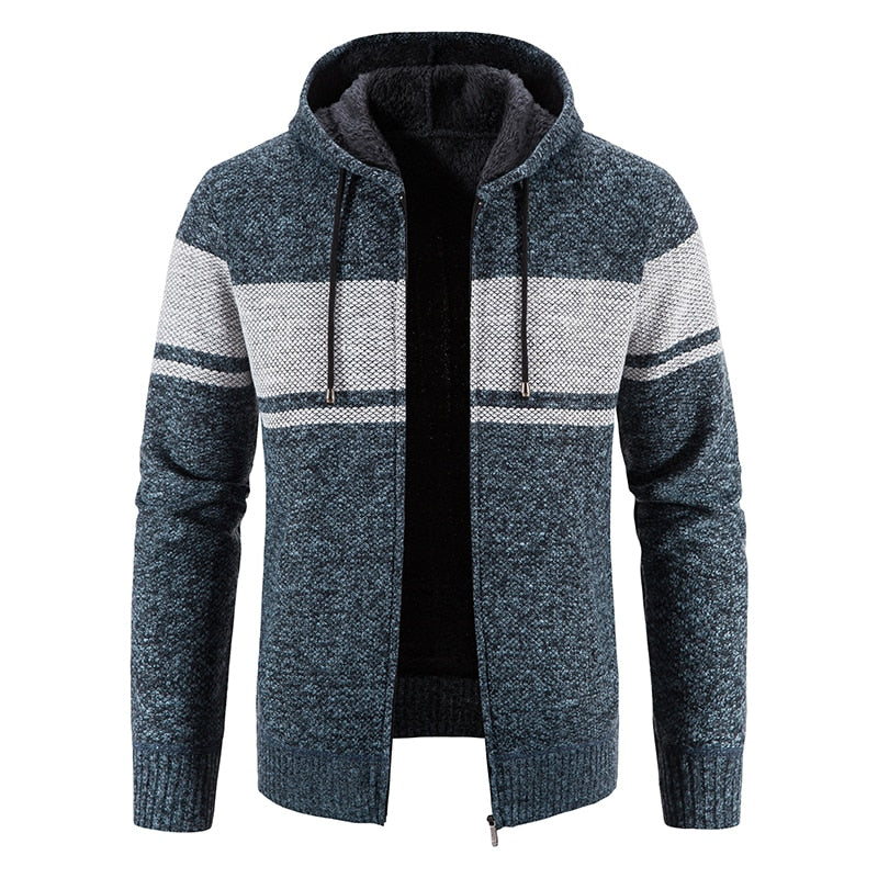 New Winter Fleece Men Sweater Cardigan Hooded Knitted Print Sweatercoat Mens Casual Warm Cardigan Zipper Hooded Cardigan Men