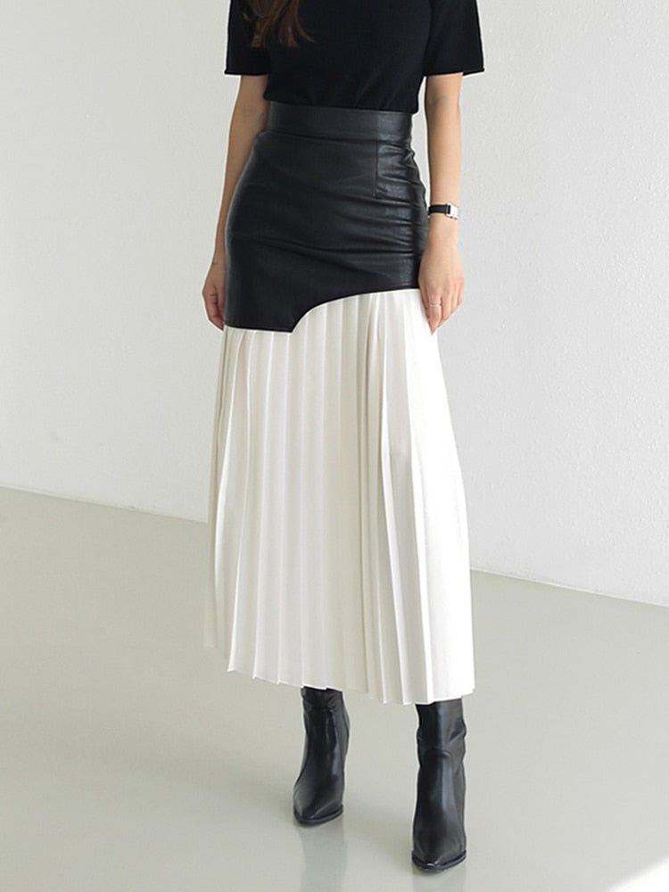 Women's Casual PU Patchwork High Waist Midi Fold Pleated Skirts (2 Colors)
