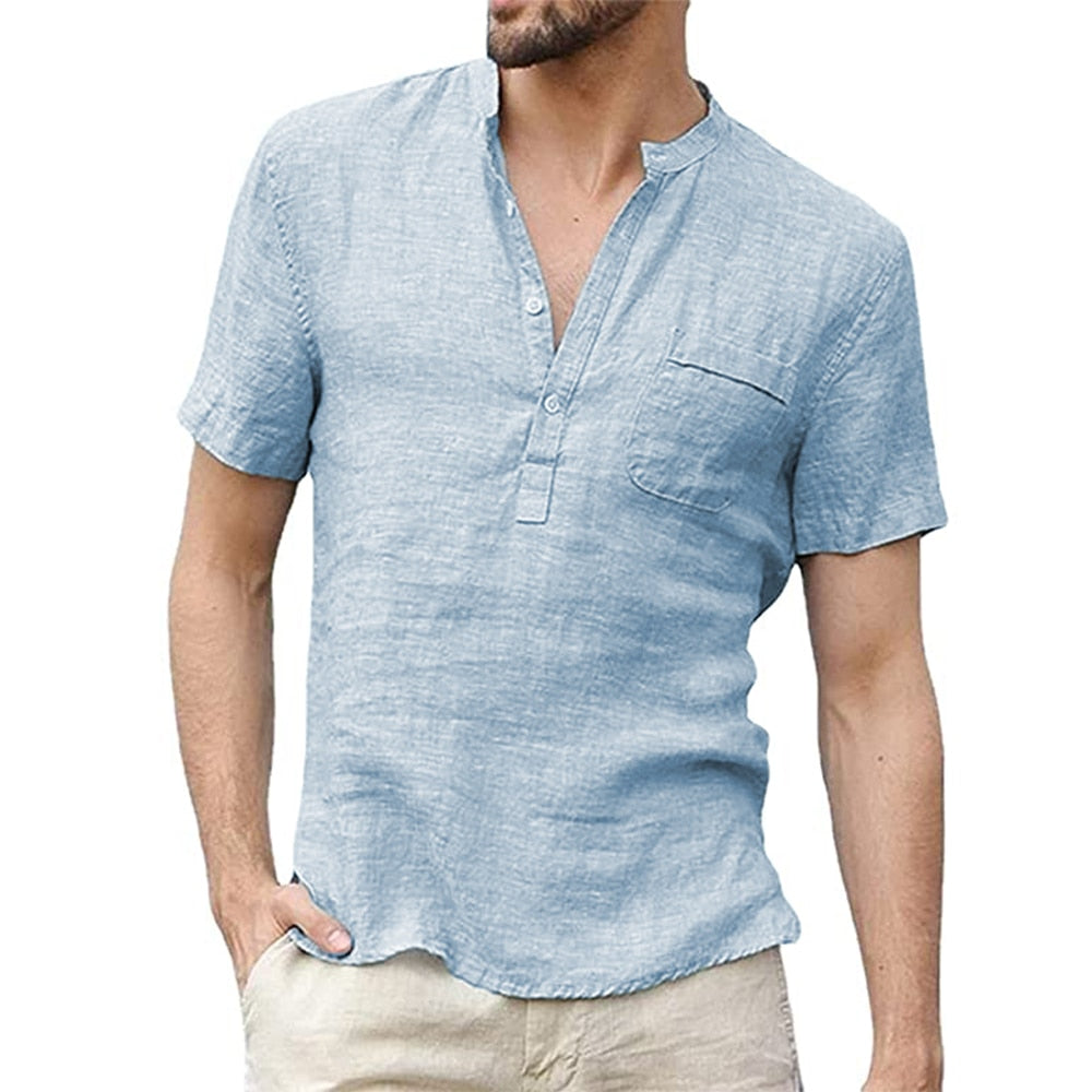 Men's Summer Short-Sleeved Breathable Cotton and Linen Shirt (7 Colors)
