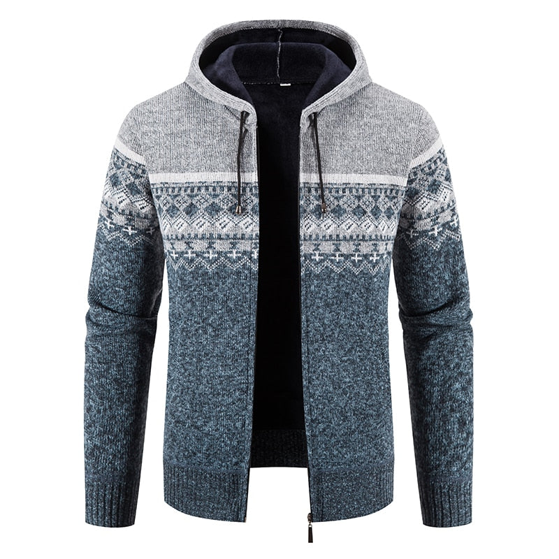 New Winter Fleece Men Sweater Cardigan Hooded Knitted Print Sweatercoat Mens Casual Warm Cardigan Zipper Hooded Cardigan Men