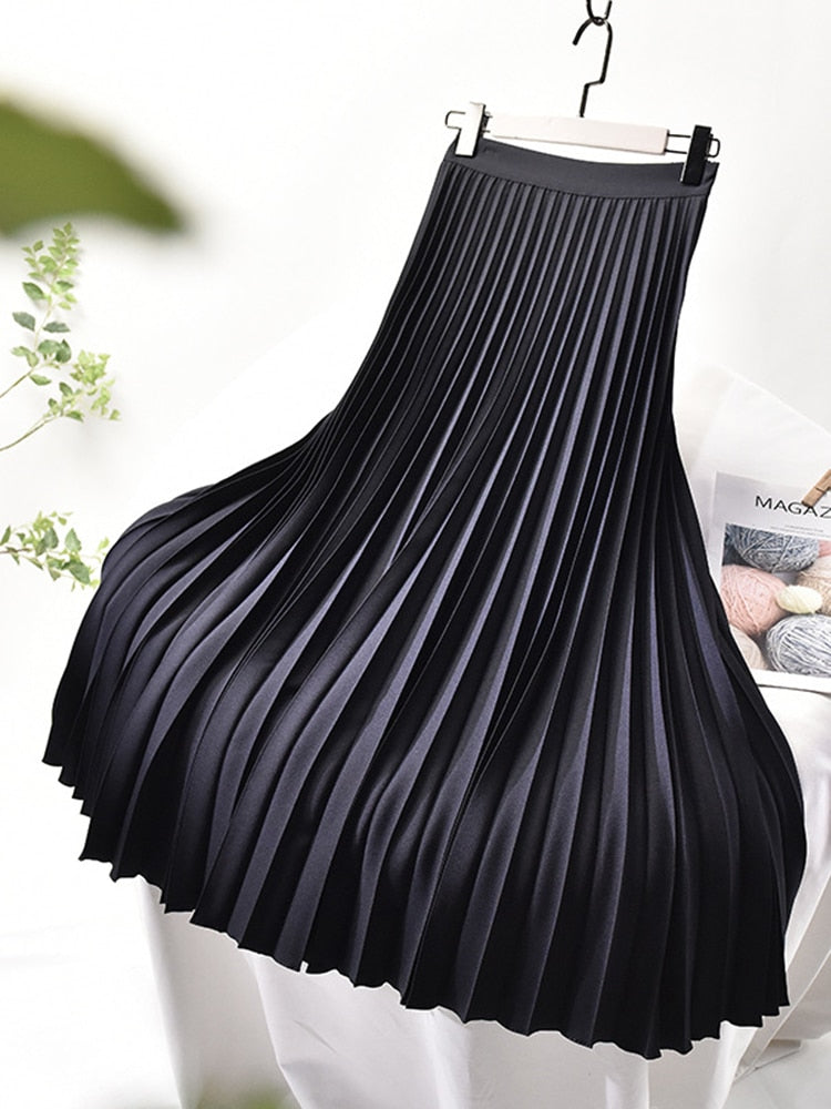 Women's Elegant Chic Solid Pleated High Waist Luxury Fashion With Elastic Skirt (10 Colors)