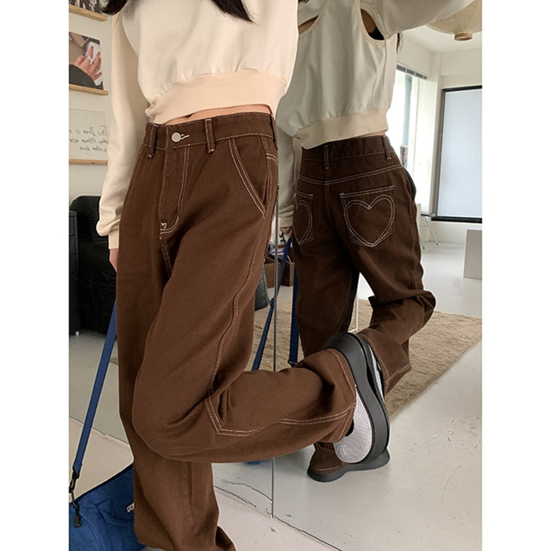 Women's High Waist Straight Baggy Heart Pattern Design Fashion Wide Leg Denim