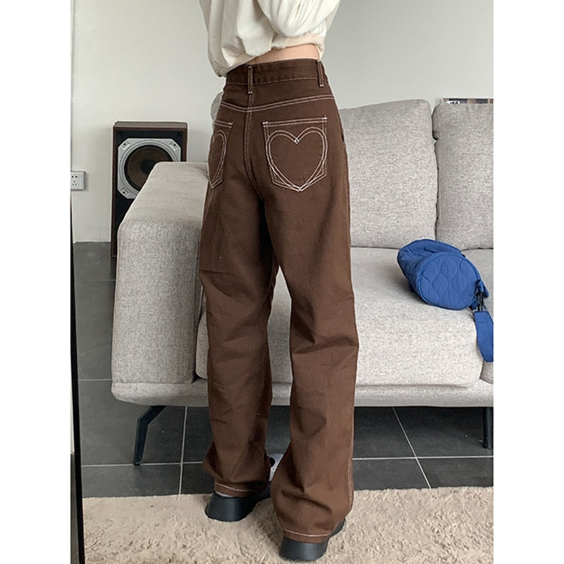 Women's High Waist Straight Baggy Heart Pattern Design Fashion Wide Leg Denim