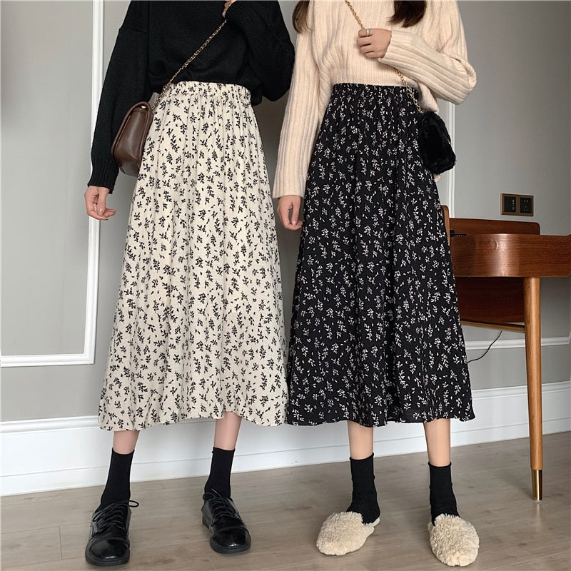 Women's Vintage Floral Print A-line Pleated Elastic Waist Long Skirts (6 Colors - One Size)