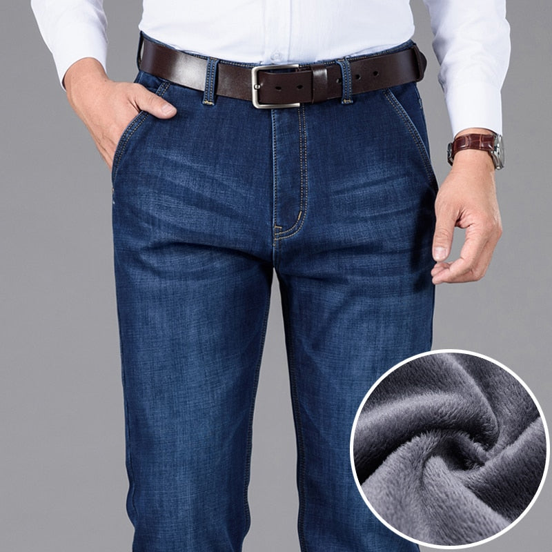 Men's Classic Style Business Stretch Cotton With fleece Lining Jeans (2 Colors)