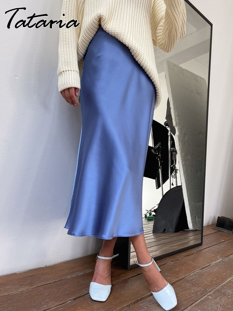 Women's High Waisted Silk Satin A-Line Elegant Midi Skirts (10 Colors)